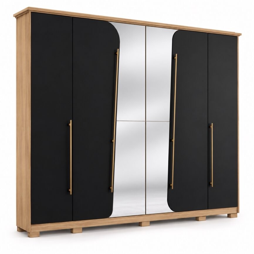 Guarda-Roupa Dubai Henn Jequitibá HP e Preto HP com espelhos centrais em fundo branco