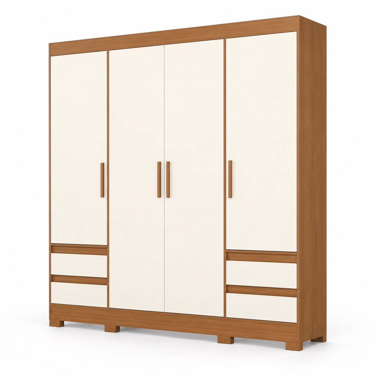 Guarda-Roupa Briz B383 Cinamomo e Off White sem espelhos, quatro portas e quatro gavetas, em fundo branco