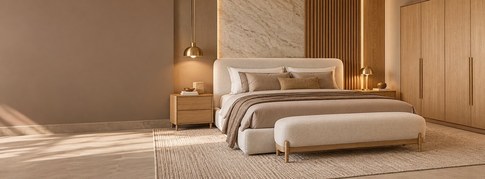 Quarto em tons fendi, marfim e madeira
