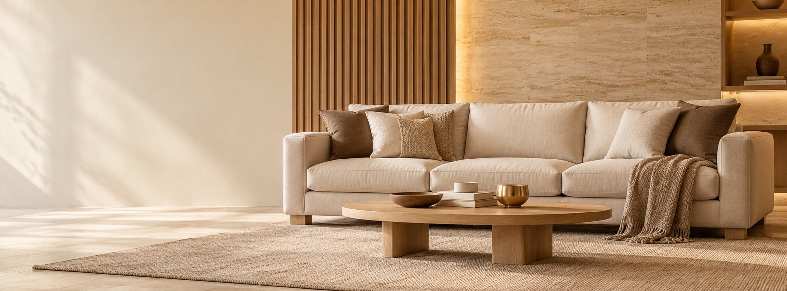 Sala em tons marfim, fendi e madeira natural