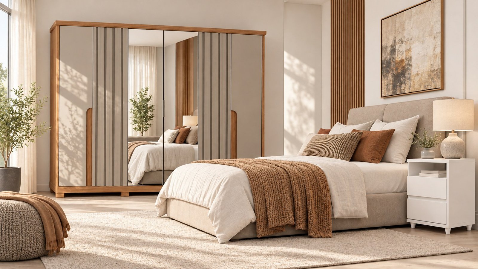 Composição ilustrativa de quarto claro com cama, roupeiro e mesa de cabeceira
