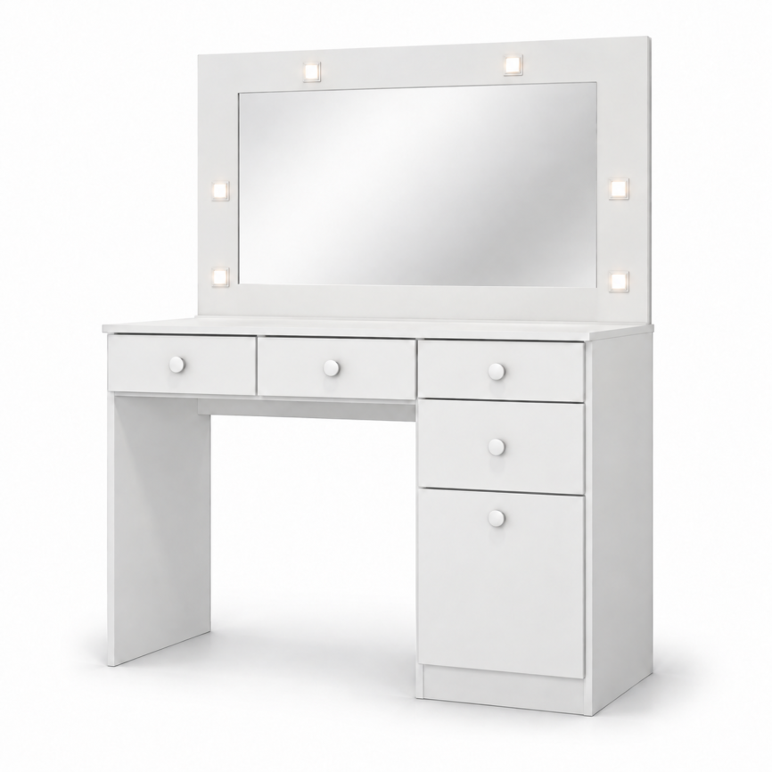 Penteadeira Chanel Branco HP com espelho iluminado, vista em fundo branco