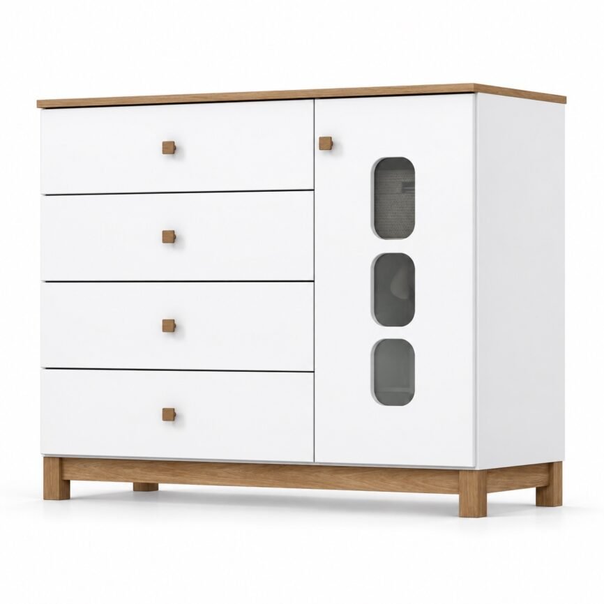Cômoda Henn Aconchego Branco/Jequitibá HP, quatro gavetas e uma porta com detalhes de vidro, em fundo branco.