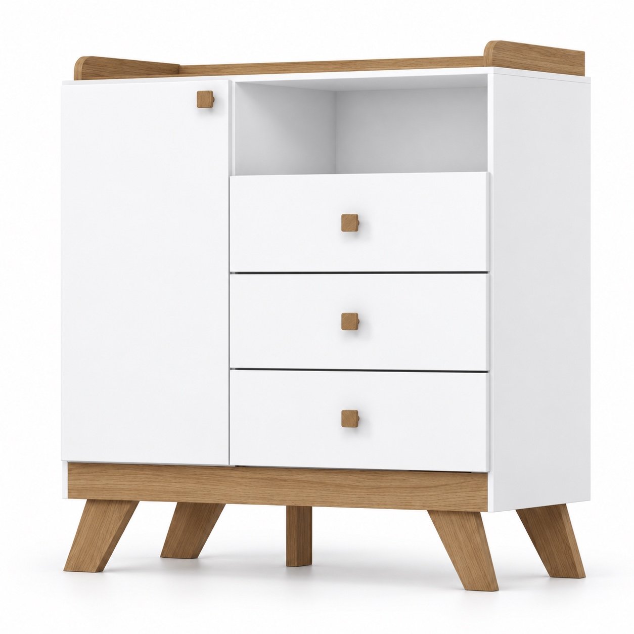 Cômoda Henn Confete Branco/Jequitibá HP, três gavetas, uma porta e nicho aberto, em fundo branco.