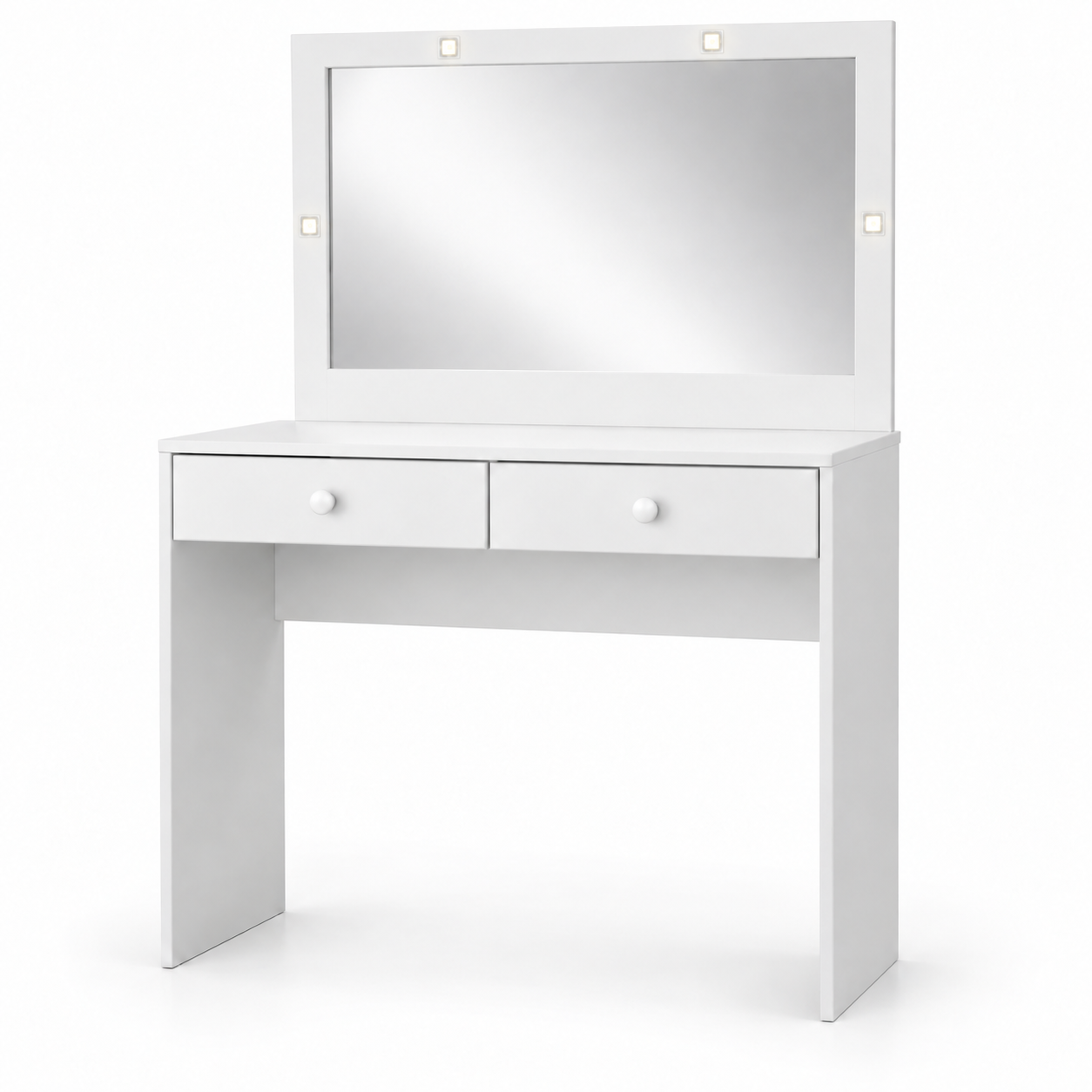 Penteadeira Daila Branca com espelho iluminado, vista em fundo branco