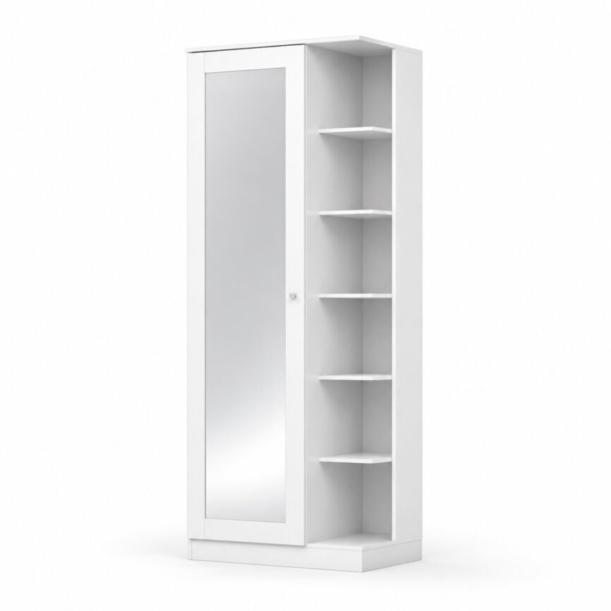 Sapateira Duetto Henn Branco HP, porta com espelho e nichos laterais, em fundo branco.