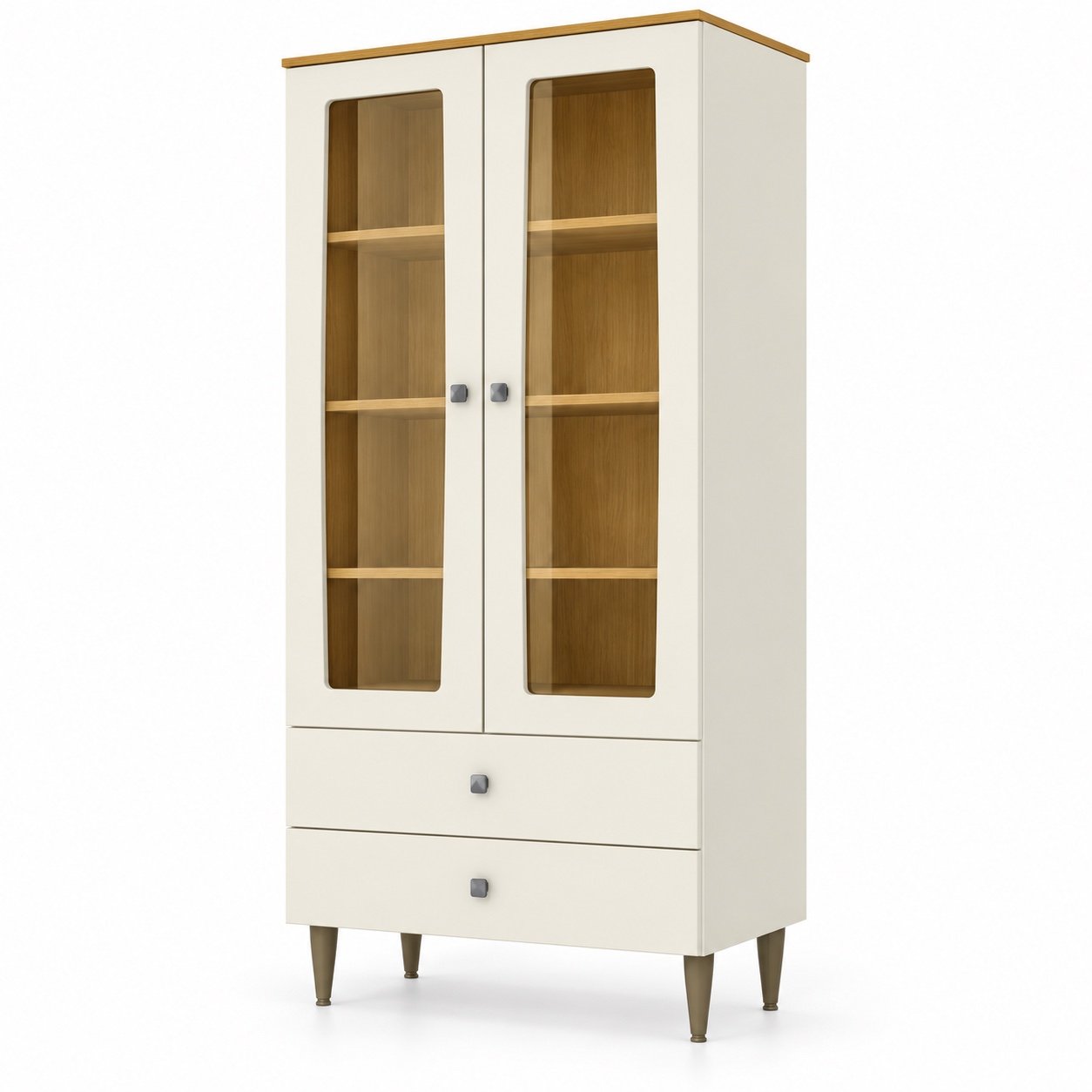 Cristaleira Liz Henn Off White/Nature, duas portas com vidro e duas gavetas, em fundo branco.