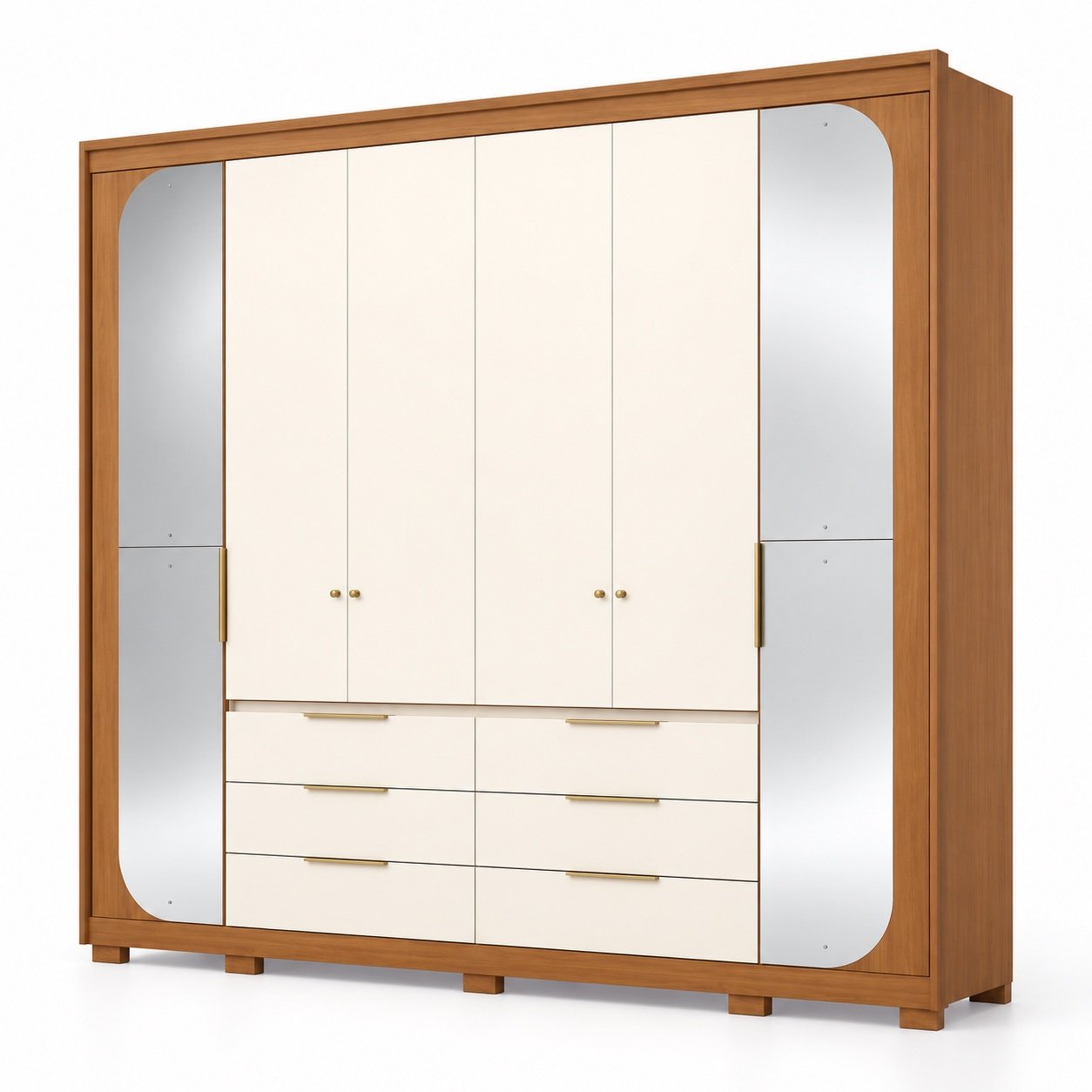 Guarda-roupa Lumiere Henn Cinamomo/Off White, seis portas, seis gavetas e espelhos laterais, em fundo branco.