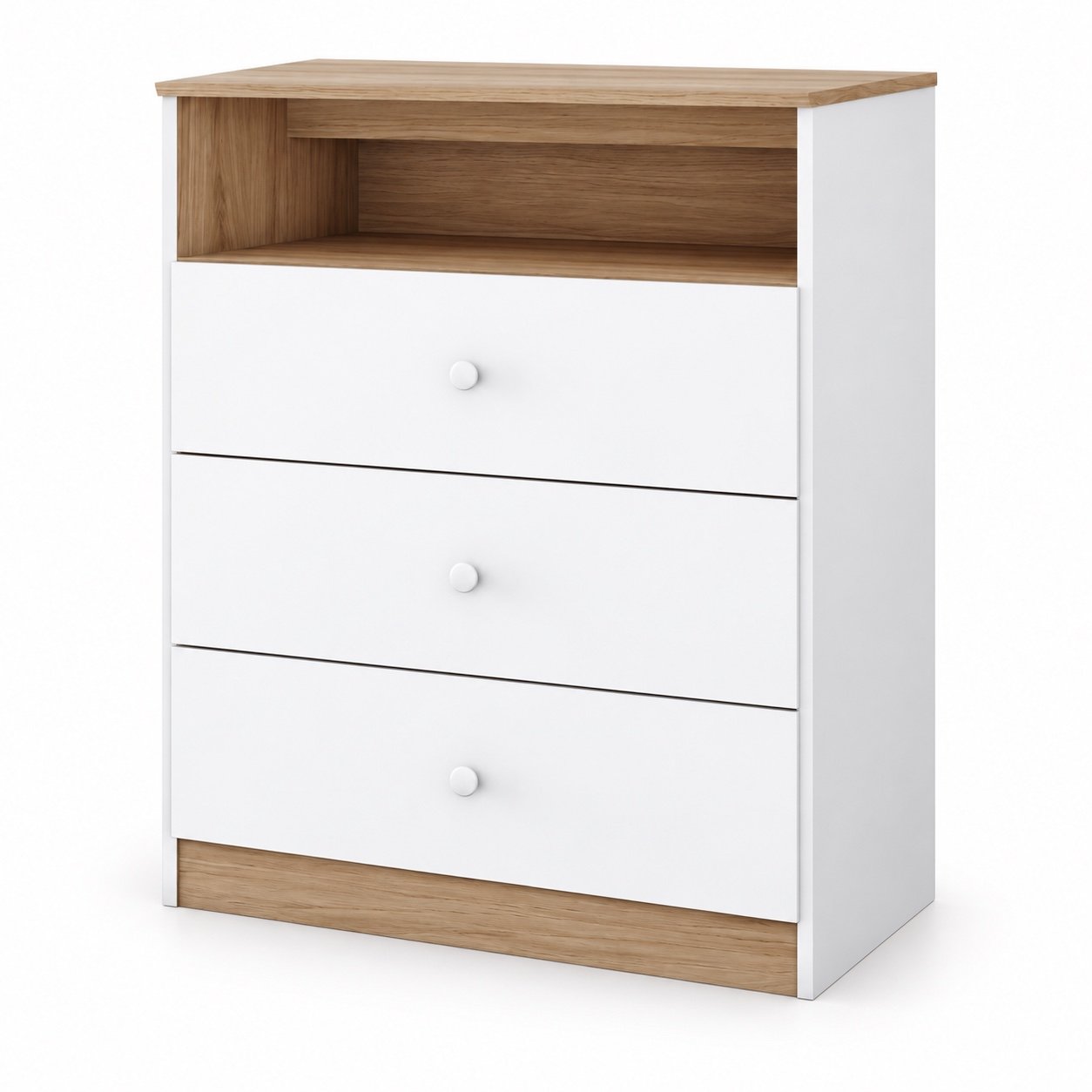 Cômoda Magia Henn Branco/Jequitibá HP, três gavetas e nicho superior, em fundo branco.