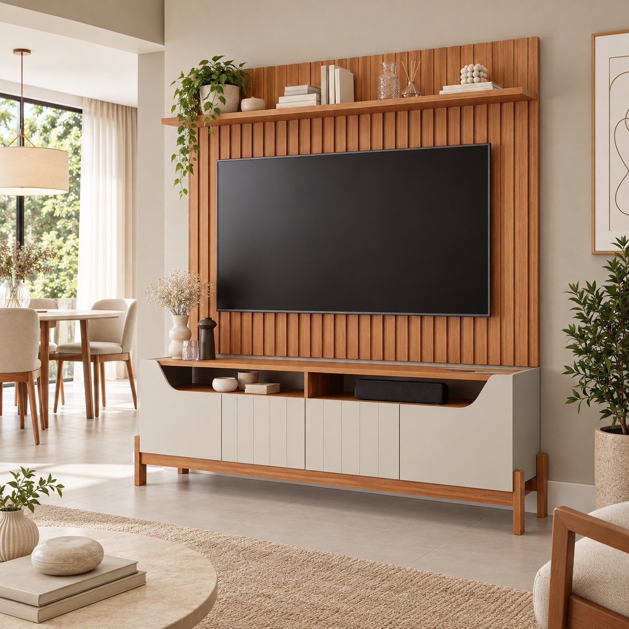 Bancada Moema com painel Trend em sala decorada