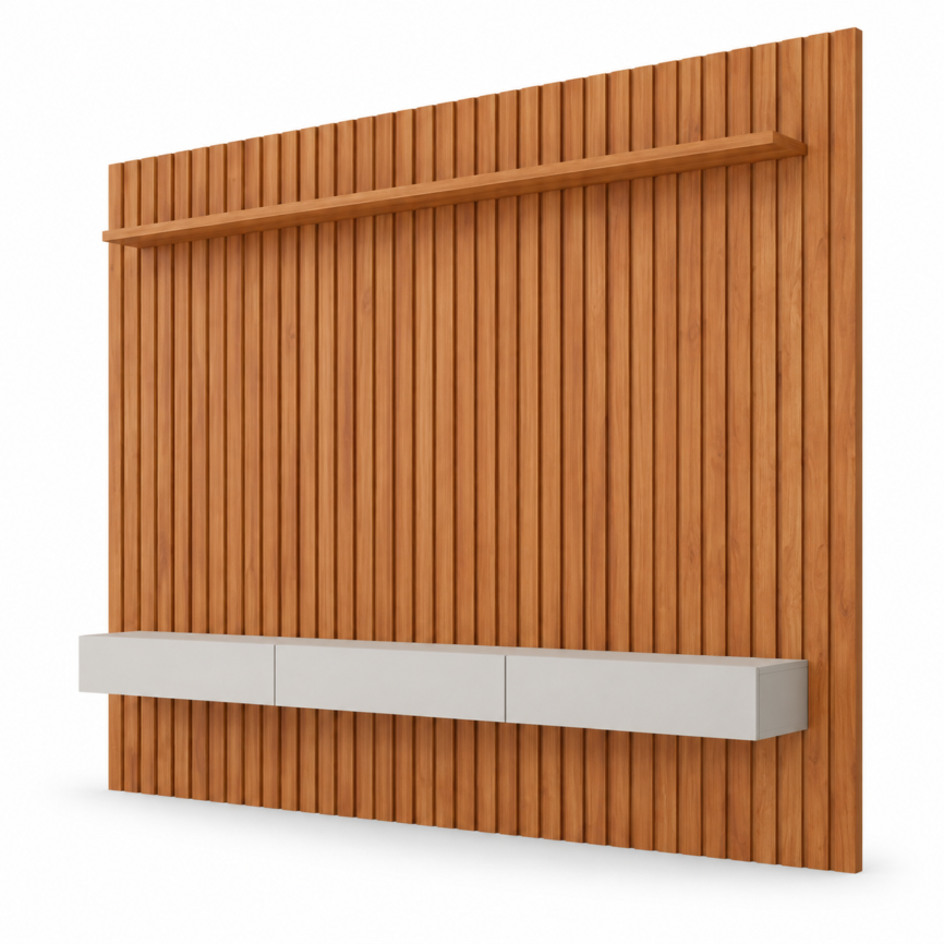 Home Maragogi 2,30 Cinamomo e Off White, painel ripado com prateleira e módulo suspenso em fundo branco