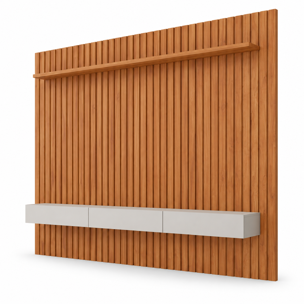 Home Maragogi 2,30 Cinamomo e Off White, painel ripado com prateleira e módulo suspenso em fundo branco