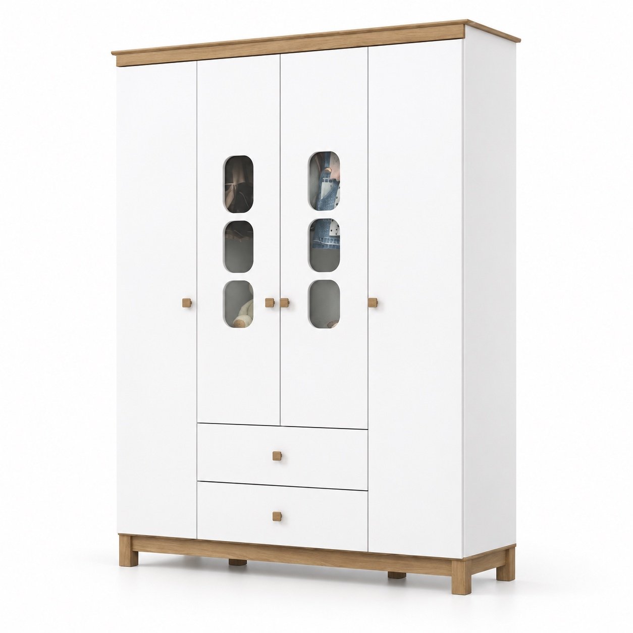 Guarda-roupa infantil Henn Aconchego Branco/Jequitibá HP, quatro portas e duas gavetas, em fundo branco.