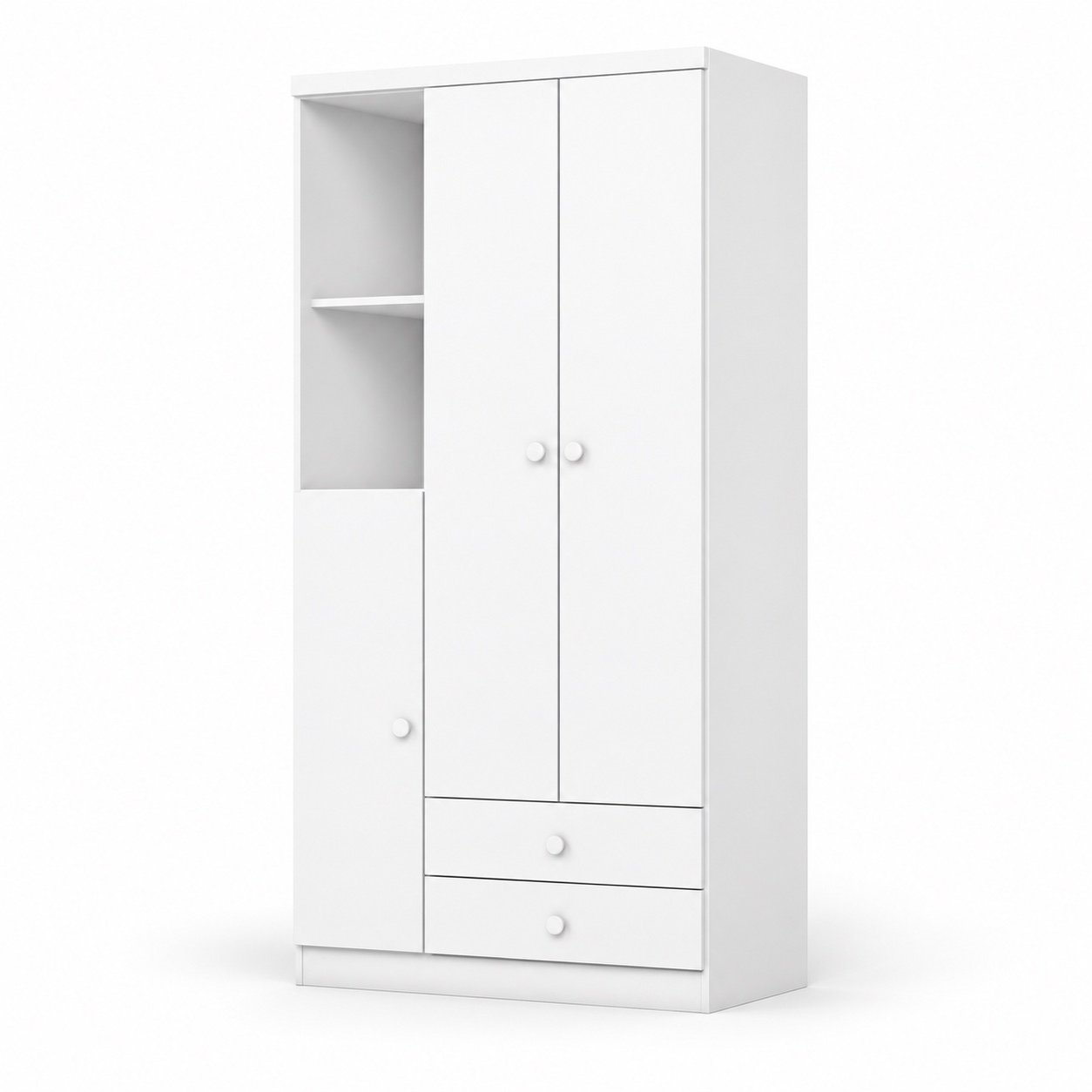 Guarda-roupa Henn Bala de Menta branco, três portas, duas gavetas e nichos abertos, em fundo branco.