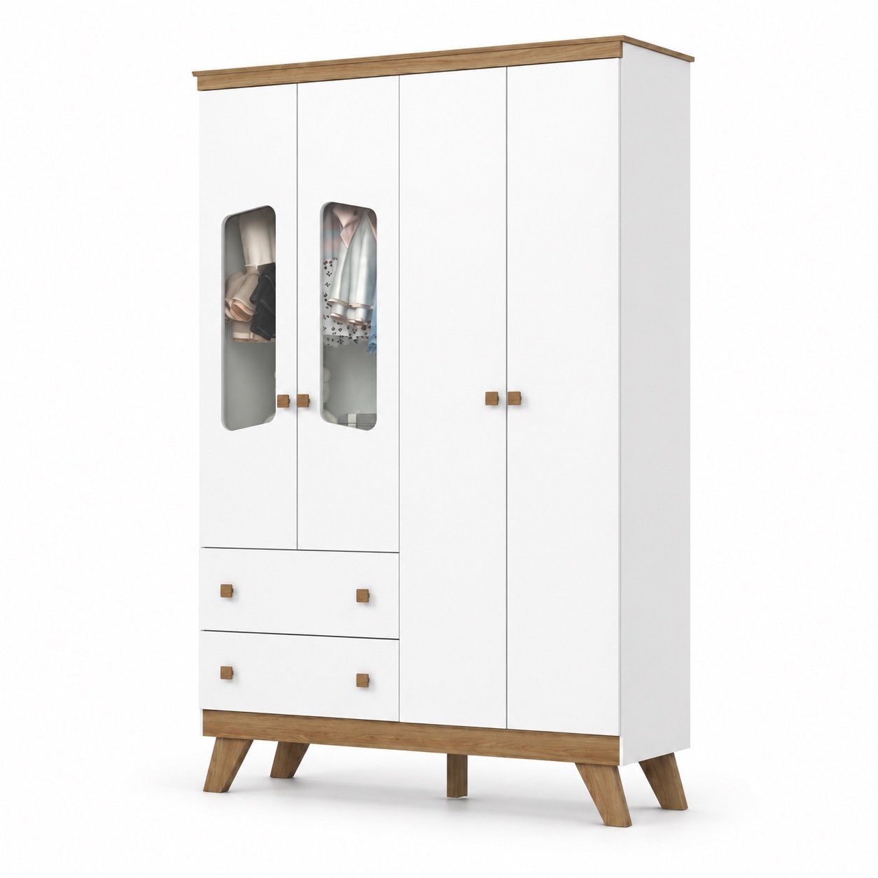 Guarda-roupa Henn Confete Branco/Jequitibá HP, quatro portas e duas gavetas, em fundo branco.